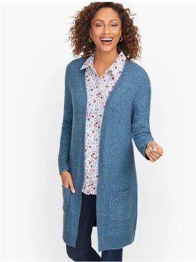 Talbots Flyaway blue open front long line wool alpaca blend cardigan sweater
